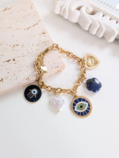 BRACELET  charmes porte bonheur bleu doré