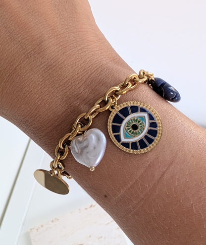 BRACELET  charmes porte bonheur bleu doré