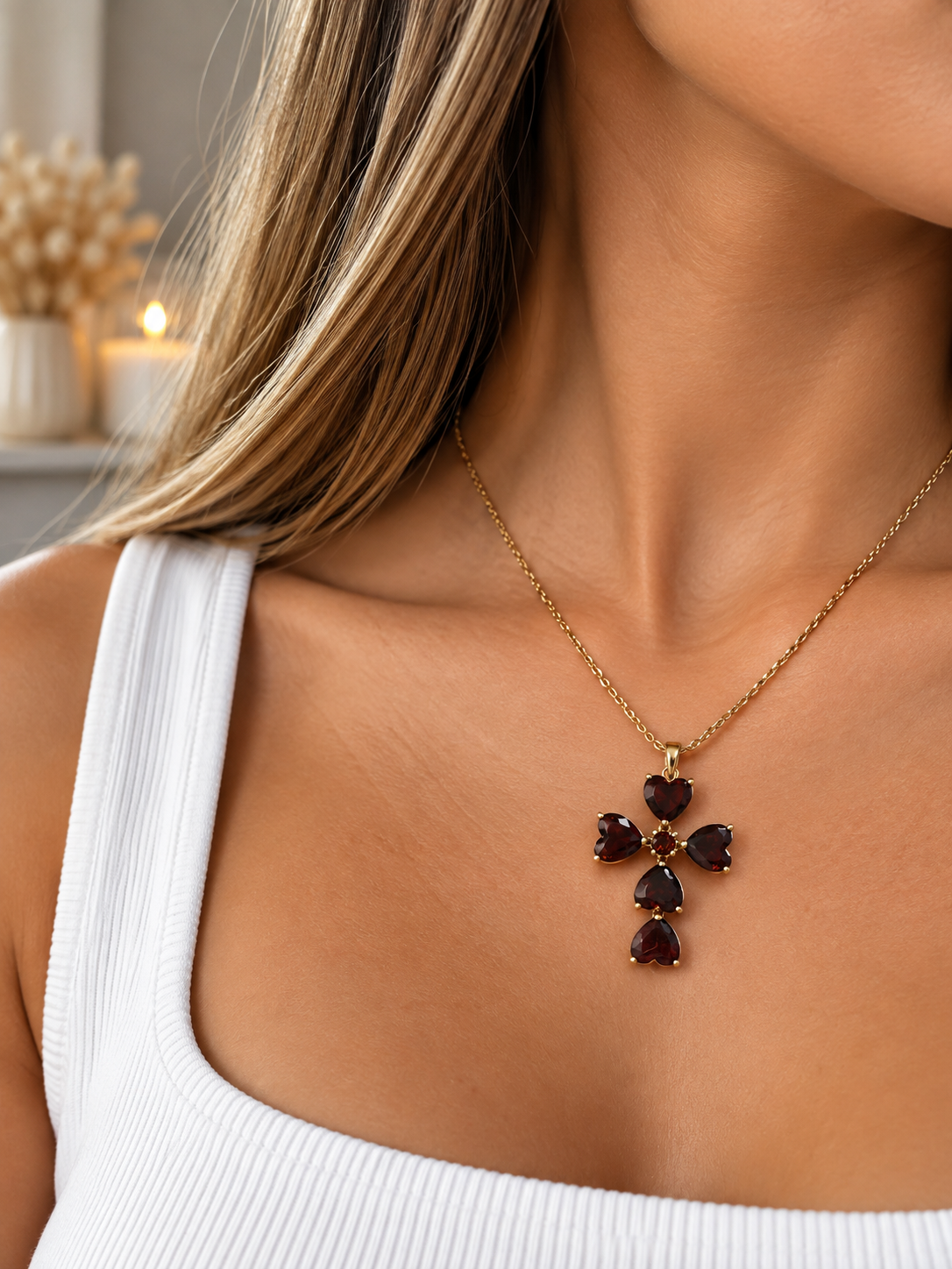 Calystria | Collier croix à pierres marron en acier inoxydable