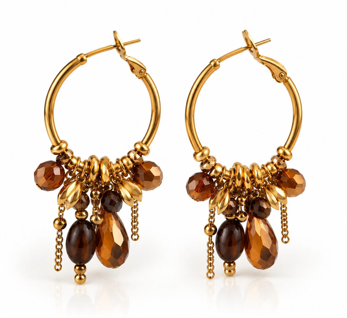 Ambrelia | Boucles d’oreilles créoles à breloques marron en acier inoxydable