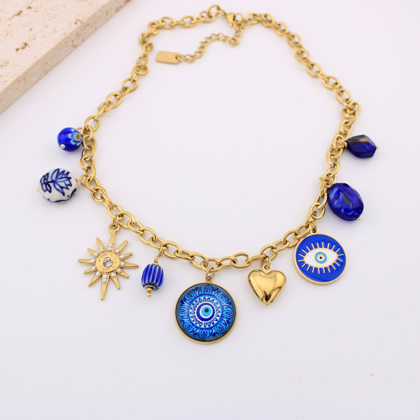 Collier porte-bonheur doré&bleu oeil protecteur