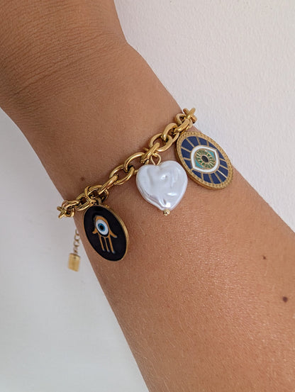 BRACELET  charmes porte bonheur bleu doré